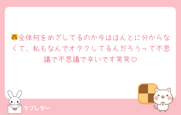 🐯全体何をめざしてるのか今はほんとに分からなくて、私もなんでオタクしてるんだろうって不思議で不思議で辛いです笑笑