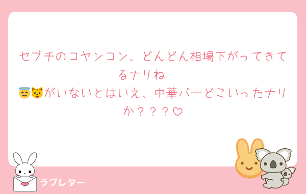 セブチのコヤンコン、どんどん相場下がってきてるナリね〜
😇🐱がいないとはいえ、中華バーどこいったナリか？？？