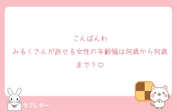 こんばんわ
みるくさんが許せる女性の年齢幅は何歳から何歳まで？