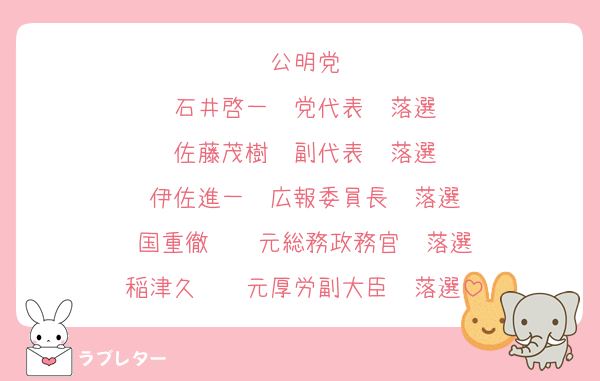 公明党
石井啓一　党代表　落選
佐藤茂樹　副代表　落選
伊佐進一　広報委員長　落選
国重徹　　元総務政務官　落選
稲津久　　元厚労副大臣　落選