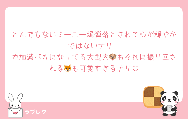 とんでもないミーニー爆弾落とされて心が穏やかではないナリ
力加減バカになってる大型犬🐶もそれに振り回される🦊も可愛すぎるナリ