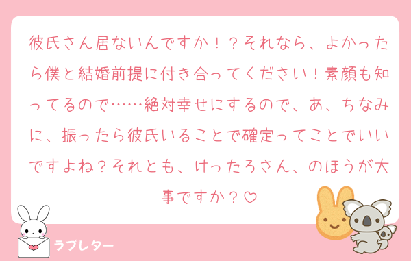 彼氏さん居ないんですか！？それなら、よかったら僕と結婚前提に付き合ってください！素顔も知ってるので……絶対幸せにするので、あ、ちなみに、振ったら彼氏いることで確定ってことでいいですよね？それとも、けったろさん、のほうが大事ですか？