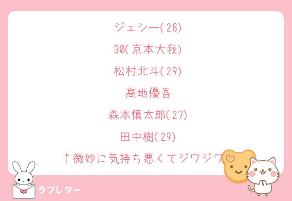 ジェシー(28)
30(京本大我)
松村北斗(29)
髙地優吾
森本慎太郎(27)
田中樹(29)
↑微妙に気持ち悪くてジワジワ