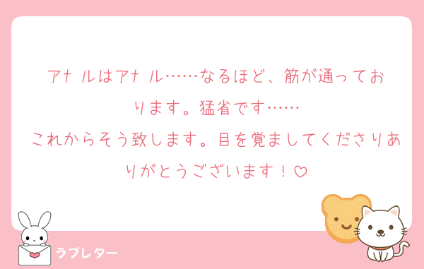 アﾅ ルはアﾅ ル……なるほど、筋が通っております。猛省です……
これからそう致します。目を覚ましてくださりありがとうございます！