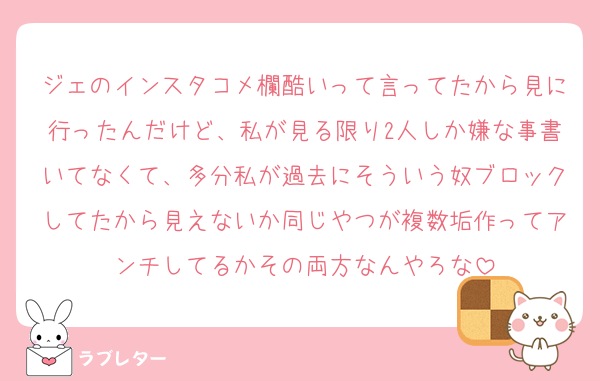 ジェのインスタコメ欄酷いって言ってたから見に行ったんだけど、私が見る限り2人しか嫌な事書いてなくて、多分私が過去にそういう奴ブロックしてたから見えないか同じやつが複数垢作ってアンチしてるかその両方なんやろな