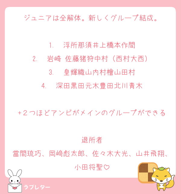 ジュニアは全解体。新しくグループ結成。

1.  浮所那須井上橋本作間
2.  岩崎 佐藤猪狩中村（西村大西）
3.  皇輝織山内村檜山田村
4.  深田黒田元木豊田北川青木

+２つほどアンビがメインのグループができる

退所者
當間琉巧、岡﨑彪太郎、佐々木大光、山井飛翔、小田将聖