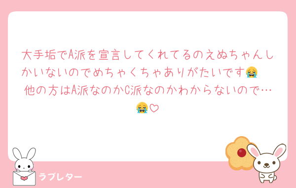 大手垢でA派を宣言してくれてるのえぬちゃんしかいないのでめちゃくちゃありがたいです😭♡
他の方はA派なのかC派なのかわからないので…😭