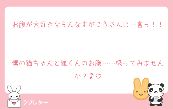 お腹が大好きなそんなすがこうさんに一言っ！！

僕の猫ちゃんと狐くんのお腹……吸ってみませんか？♪