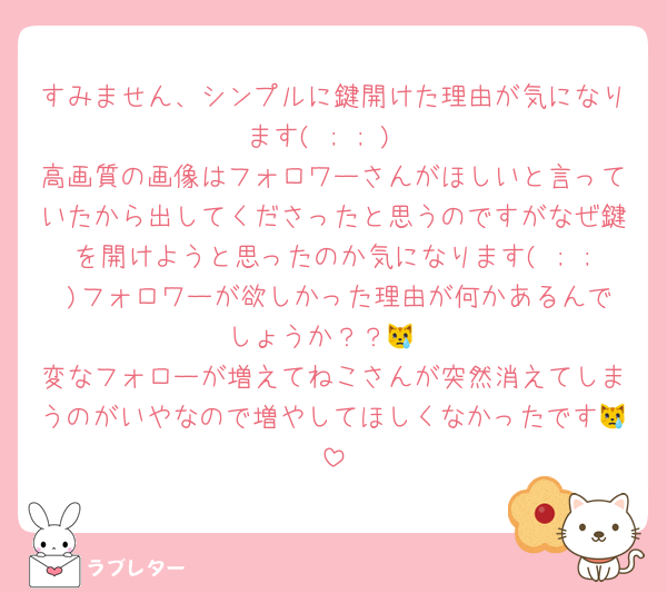 すみません、シンプルに鍵開けた理由が気になります( ; ; )
高画質の画像はフォロワーさんがほしいと言っていたから出してくださったと思うのですがなぜ鍵を開けようと思ったのか気になります( ; ; )フォロワーが欲しかった理由が何かあるんでしょうか？？😿
変なフォローが増えてねこさんが突然消えてしまうのがいやなので増やしてほしくなかったです😿