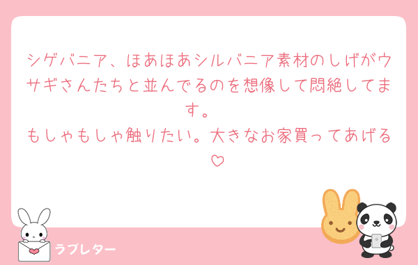 シゲバニア、ほあほあシルバニア素材のしげがウサギさんたちと並んでるのを想像して悶絶してます。
もしゃもしゃ触りたい。大きなお家買ってあげる🥲