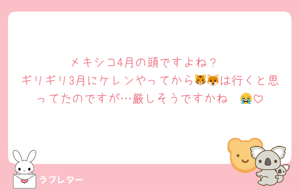 メキシコ4月の頭ですよね？
ギリギリ3月にケレンやってから🐯🦊は行くと思ってたのですが…厳しそうですかね〜😭