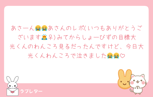 あさーん😭😭あさんのレポ(いつもありがとうございます🙇‍♀️)みてからしょーびずの目標大光くんのわんころ見るだったんですけど、今日大光くんわんころで泣きました😭😭