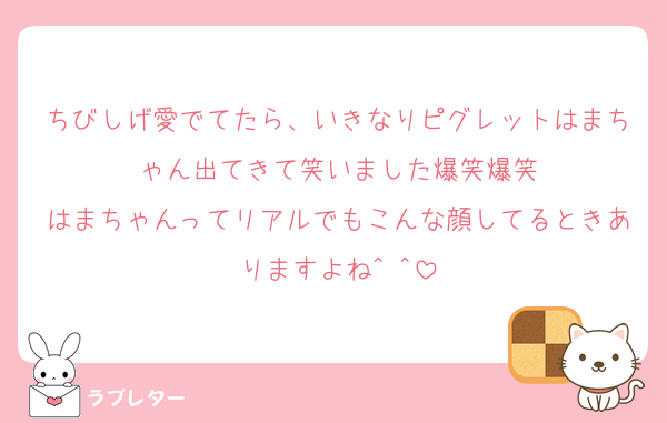 ちびしげ愛でてたら、いきなりピグレットはまちゃん出てきて笑いました爆笑爆笑
はまちゃんってリアルでもこんな顔してるときありますよね^ ^