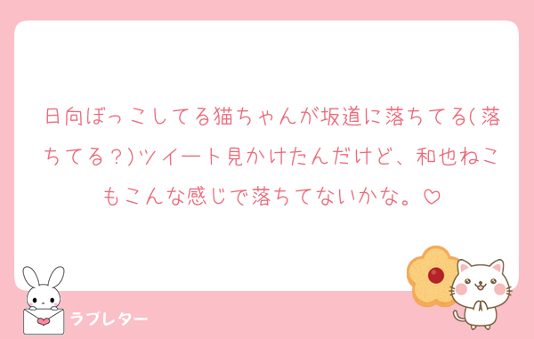 日向ぼっこしてる猫ちゃんが坂道に落ちてる(落ちてる？)ツイート見かけたんだけど、和也ねこもこんな感じで落ちてないかな。