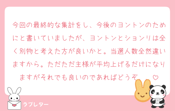 今回の最終的な集計をし、今後のヨントンのためにと書いていましたが、ヨントンとションリは全く別物と考えた方が良いかと。当選人数全然違いますから。ただただ主様が平均上げるだけになりますがそれでも良いのであればどうぞ、、