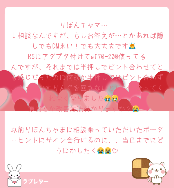りぼんチャマ…
↓相談なんですが、もしお答えが…とかあれば隠しでもDM来い！でも大丈夫です🙇
R5にアダプタ付けてef70-200使ってるんですが、それまでは半押しでピント合わせてとる感じだったのに何故か半押しではピント合わず、ふぉーかすりんぐを回さないとピント合ってくれなくなりました😭😭
原因とか改善方法分かりますか？😭

以前りぼんちゃまに相談乗っていただいたボーダーヒントにサイン会行けるのに、、当日までにどうにかしたく😭😭