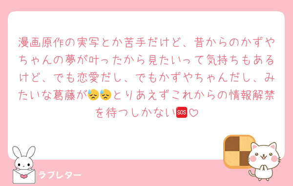 漫画原作の実写とか苦手だけど、昔からのかずやちゃんの夢が叶ったから見たいって気持ちもあるけど、でも恋愛だし、でもかずやちゃんだし、みたいな葛藤が😓😓とりあえずこれからの情報解禁を待つしかない🆘