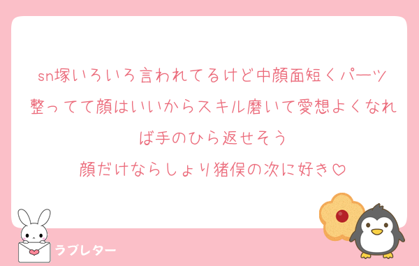 sn塚いろいろ言われてるけど中顔面短くパーツ整ってて顔はいいからスキル磨いて愛想よくなれば手のひら返せそう
顔だけならしょり猪俣の次に好き
