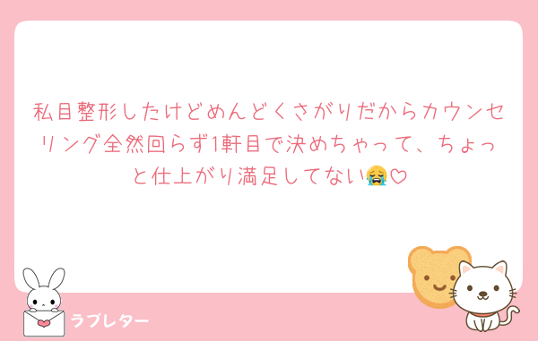 私目整形したけどめんどくさがりだからカウンセリング全然回らず1軒目で決めちゃって、ちょっと仕上がり満足してない😭
