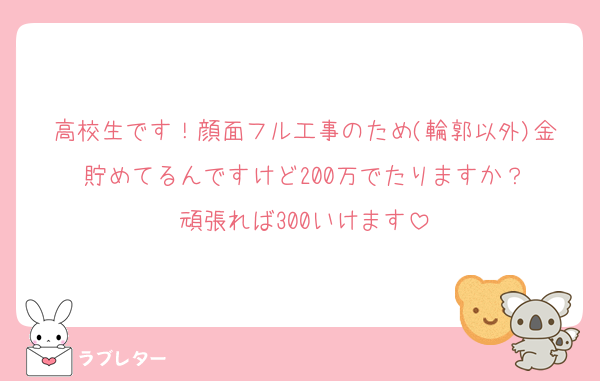 高校生です！顔面フル工事のため(輪郭以外)金貯めてるんですけど200万でたりますか？
頑張れば300いけます