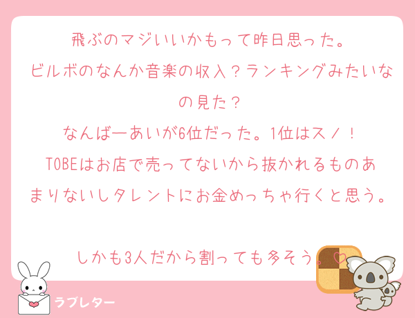 飛ぶのマジいいかもって昨日思った。
ビルボのなんか音楽の収入？ランキングみたいなの見た？
なんばーあいが6位だった。1位はスノ！
TOBEはお店で売ってないから抜かれるものあまりないしタレントにお金めっちゃ行くと思う。
しかも3人だから割っても多そう。