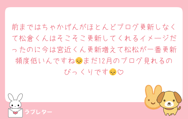 前まではちゃかげんがほとんどブログ更新しなくて松倉くんはそこそこ更新してくれるイメージだったのに今は宮近くん更新増えて松松が一番更新頻度低いんですね😔まだ12月のブログ見れるのびっくりです😔