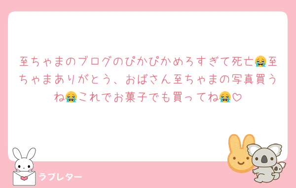 至ちゃまのブログのぴかぴかめろすぎて死亡😭至ちゃまありがとう、おばさん至ちゃまの写真買うね😭これでお菓子でも買ってね😭