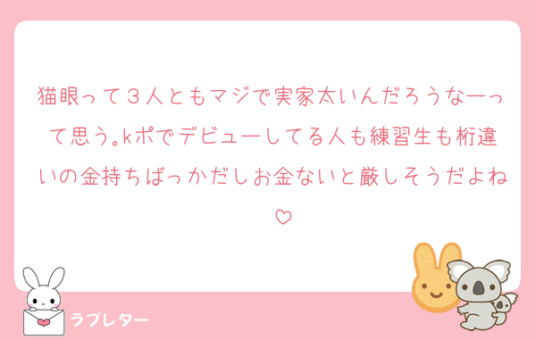 猫眼って３人ともマジで実家太いんだろうなーって思う｡kポでデビューしてる人も練習生も桁違いの金持ちばっかだしお金ないと厳しそうだよね〜