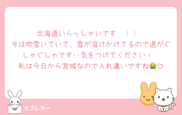 北海道いらっしゃいです〜！！
今は吹雪いていて、雪が溶けかけてるので道がぐしゃぐしゃです‥気をつけてください！
私は今日から宮城なので入れ違いですね😭