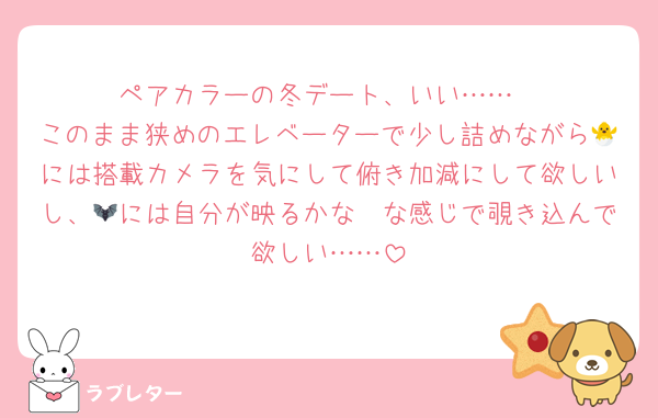ペアカラーの冬デート、いい……
このまま狭めのエレベーターで少し詰めながら🐣には搭載カメラを気にして俯き加減にして欲しいし、🦇には自分が映るかな〜な感じで覗き込んで欲しい……