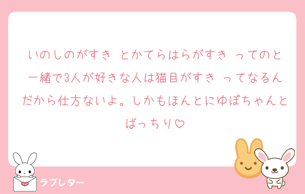 いのしのがすき♡とかてらはらがすき♡ってのと一緒で3人が好きな人は猫目がすき♡ってなるんだから仕方ないよ。しかもほんとにゆぽちゃんとばっちり