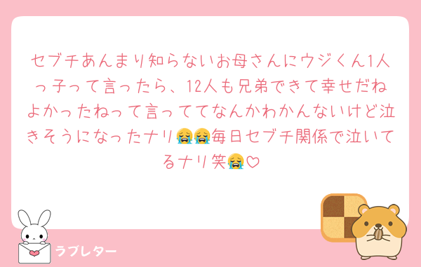 セブチあんまり知らないお母さんにウジくん1人っ子って言ったら、12人も兄弟できて幸せだねよかったねって言っててなんかわかんないけど泣きそうになったナリ😭😭毎日セブチ関係で泣いてるナリ笑😭