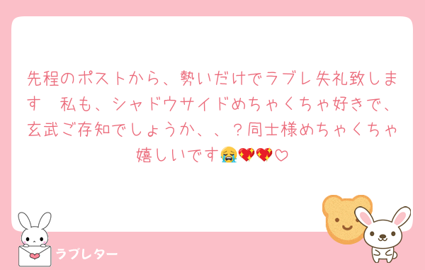 先程のポストから、勢いだけでラブレ失礼致します🥹私も、シャドウサイドめちゃくちゃ好きで、玄武ご存知でしょうか、、？同士様めちゃくちゃ嬉しいです😭💖💖