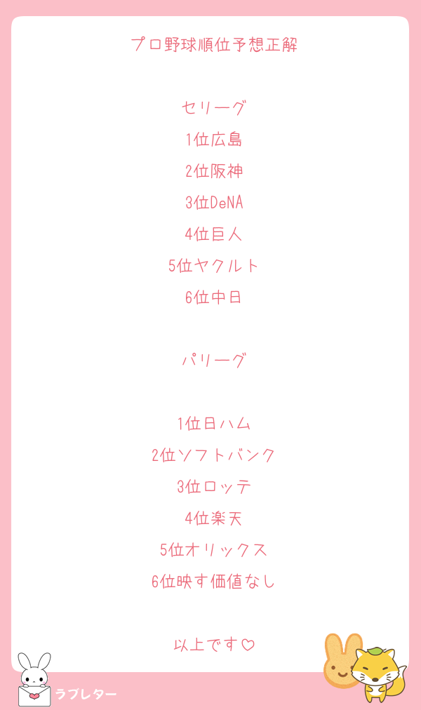 プロ野球順位予想正解

セリーグ
1位広島
2位阪神
3位DeNA
4位巨人
5位ヤクルト
6位中日

パリーグ

1位日ハム
2位ソフトバンク
3位ロッテ
4位楽天
5位オリックス
6位映す価値なし

以上です