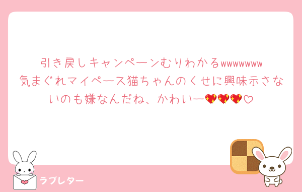 引き戻しキャンペーンむりわかるwwwwwww気まぐれマイペース猫ちゃんのくせに興味示さないのも嫌なんだね、かわいー💖💖💖
