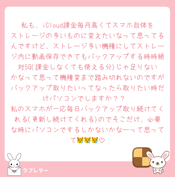 私も、iCloud課金毎月高くてスマホ自体をストレージの多いものに変えたいなって思ってるんですけど、ストレージ多い機種にしてストレージ内に動画保存できてもバックアップする時時絶対5G(課金しなくても使える分)じゃ足りないかなって思って機種変まで踏み切れないのですがバックアップ取りたいってなったら取りたい時だけパソコンでしますか？？
私のスマホが一応毎日バックアップ取り続けてくれる(更新し続けてくれる)のでそこだけ、必要な時にパソコンでするしかないかなーって思ってて😿😿😿
