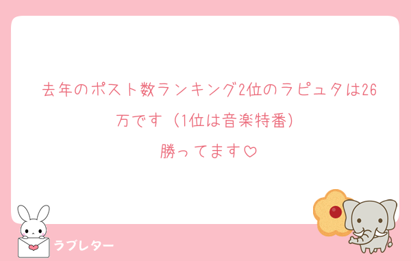 去年のポスト数ランキング2位のラピュタは26万です（1位は音楽特番）
勝ってます