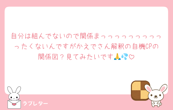 自分は組んでないので関係まっっっっっっっっっったくないんですがかえでさん解釈の自機CPの関係図？見てみたいです🙏💦