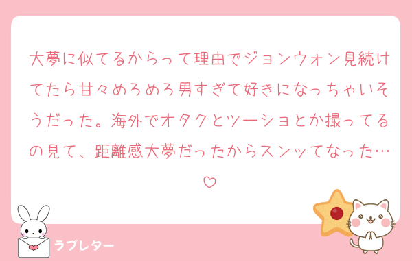 大夢に似てるからって理由でジョンウォン見続けてたら甘々めろめろ男すぎて好きになっちゃいそうだった。海外でオタクとツーショとか撮ってるの見て、距離感大夢だったからスンッてなった…