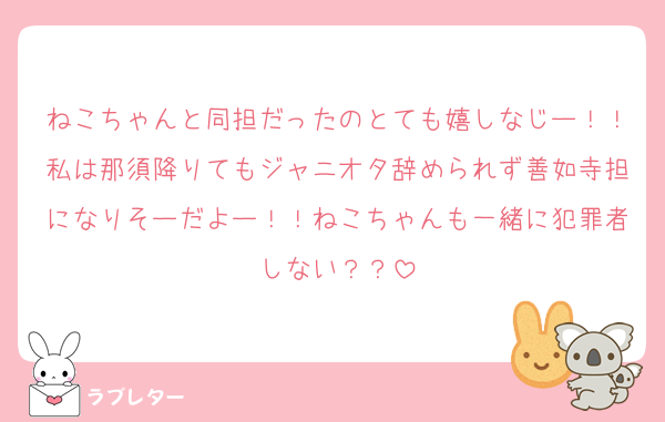 ねこちゃんと同担だったのとても嬉しなじー！！私は那須降りてもジャニオタ辞められず善如寺担になりそーだよー！！ねこちゃんも一緒に犯罪者しない？？