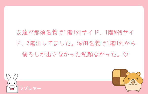 友達が那須名義で1階D列サイド、1階M列サイド、2階出してました。深田名義で1階H列から後ろしか出さなかった私顔なかった。
