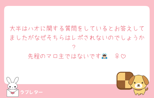 大半はハオに関する質問をしているとお答えしてましたがなぜそちらはレポされないのでしょうか？
先程のマロ主ではないです🙇🏻‍♀️