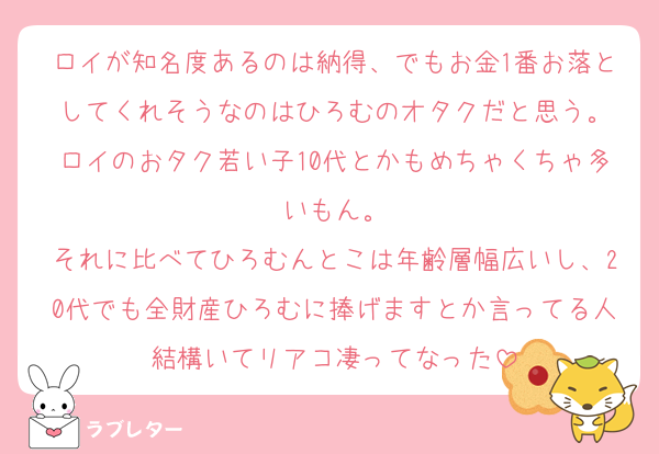 ロイが知名度あるのは納得、でもお金1番お落としてくれそうなのはひろむのオタクだと思う。
ロイのおタク若い子10代とかもめちゃくちゃ多いもん。
それに比べてひろむんとこは年齢層幅広いし、20代でも全財産ひろむに捧げますとか言ってる人結構いてリアコ凄ってなった