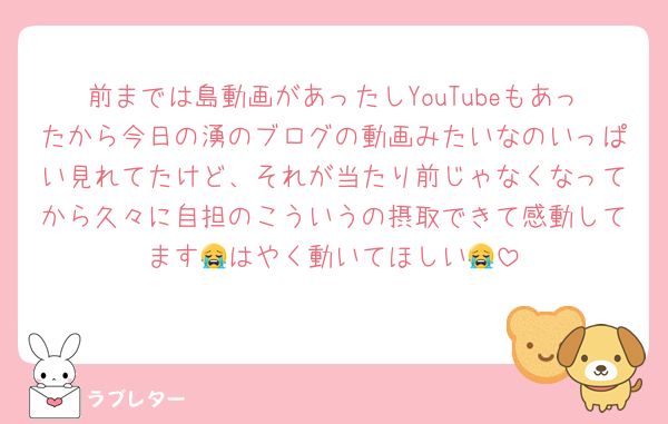 前までは島動画があったしYouTubeもあったから今日の湧のブログの動画みたいなのいっぱい見れてたけど、それが当たり前じゃなくなってから久々に自担のこういうの摂取できて感動してます😭はやく動いてほしい😭
