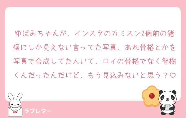 ゆぽみちゃんが、インスタのカミスン2個前の猪俣にしか見えない言ってた写真、あれ骨格とかを写真で合成してた人いて、ロイの骨格でなく智樹くんだったんだけど、もう見込みないと思う？
