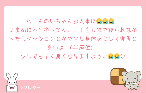 わーんのいちゃんお大事に😭😭😭
こまめに水分摂ってね、、！もし咳で寝られなかったらクッションとかで少し身体起こして寝ると良いよ！(半座位)
少しでも早く良くなりますように😭😭