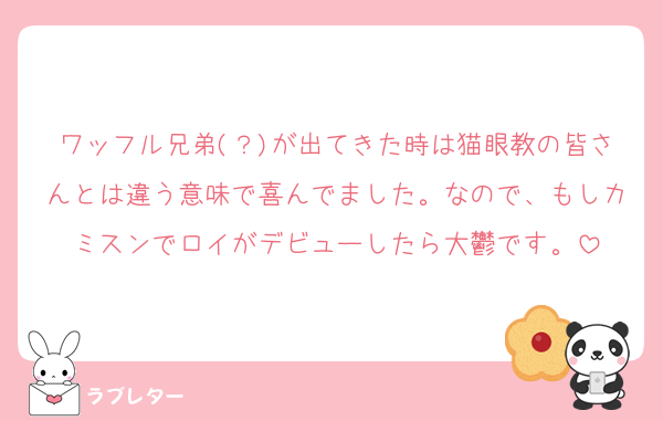 ワッフル兄弟(？)が出てきた時は猫眼教の皆さんとは違う意味で喜んでました。なので、もしカミスンでロイがデビューしたら大鬱です。