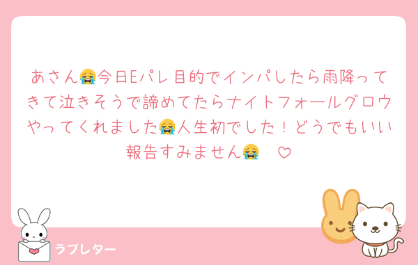 あさん😭今日Eパレ目的でインパしたら雨降ってきて泣きそうで諦めてたらナイトフォールグロウやってくれました😭人生初でした！どうでもいい報告すみません😭❣️