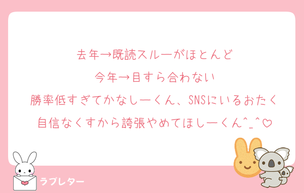 去年→既読スルーがほとんど
今年→目すら合わない
勝率低すぎてかなしーくん、SNSにいるおたく自信なくすから誇張やめてほしーくん^_^