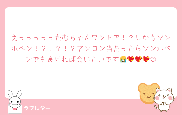 えっっっっったむちゃんワンドア！？しかもソンホペン！？！？！？アンコン当たったらソンホペンでも良ければ会いたいです😭💖💖💖